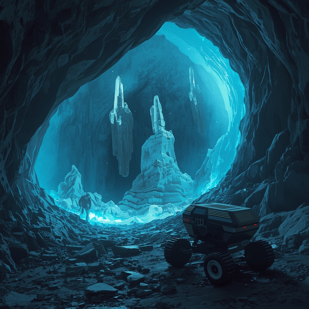 An artist concept of a futuristic rover exploring a glowing blue ice cave on an alien planet, revealing ancient crystal structures